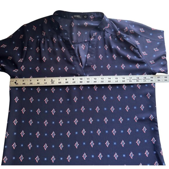 Cure Womens Navy Geometric Print Tunic Top Roll Tab Sleeves Lightweight Size L - Picture 7 of 8